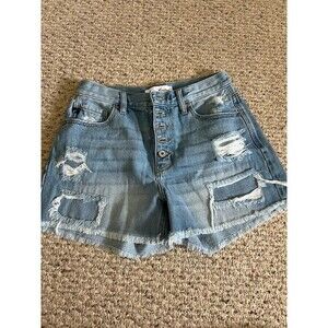 RANCAN Women’s Distressed  Frayed Hem Jean Shorts Medium Wash Size 5/26 5 Button